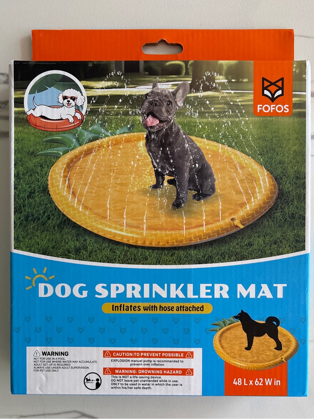 FOFOS | Dog Sprinkler Splash Pad Mat 48" x 62" Pineapple Cooling Water Play New